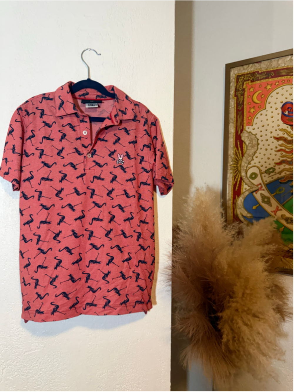 Preowned , Psycho Bunny 🐰 polo , pink with flamingo print , size boys 14/16